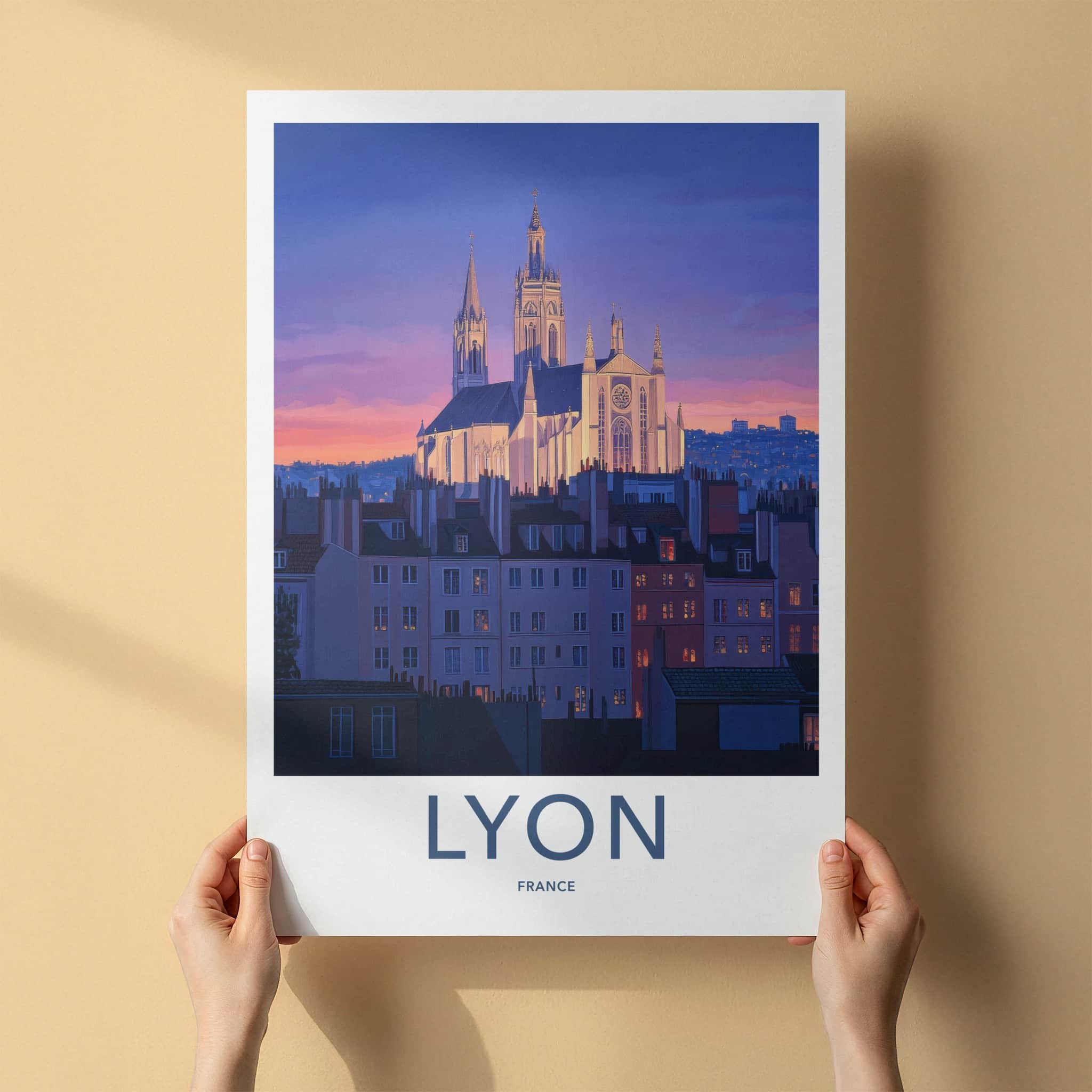 Lyon Poster - France Framed Print - Historic Church Twilight Framed Decor