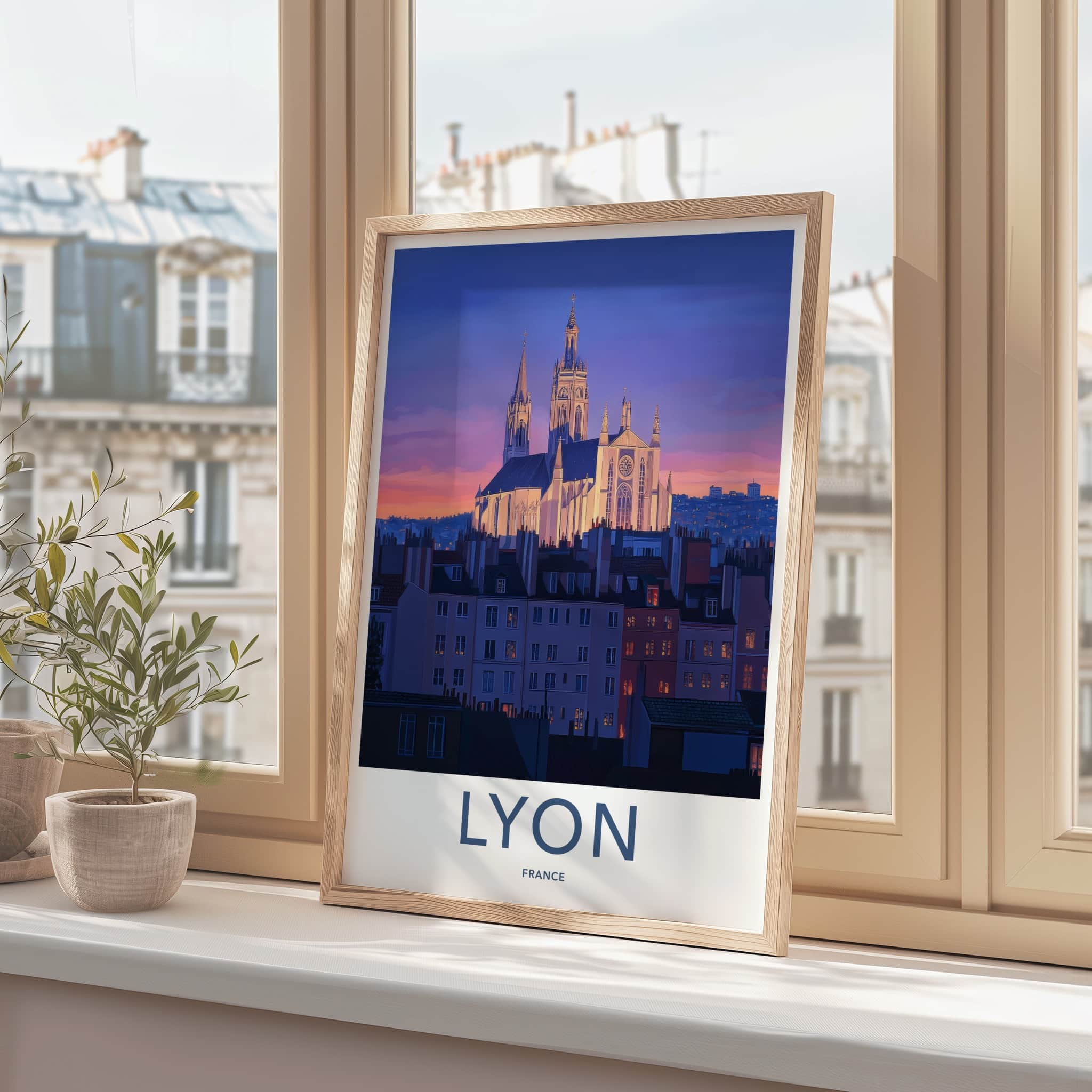 Lyon Poster - France Framed Print - Historic Church Twilight Framed Decor