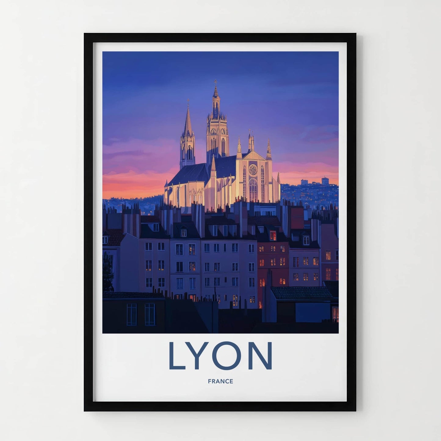 Lyon Poster - France Framed Print - Historic Church Twilight Framed Decor