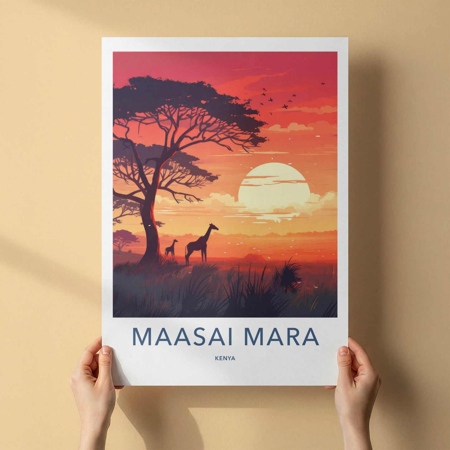 Maasai Mara Poster - Kenya Travel Art - Acacia Giraffes Sunset Home Decor
