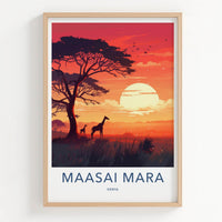 Maasai Mara Poster - Kenya Travel Art - Acacia Giraffes Sunset Home Decor