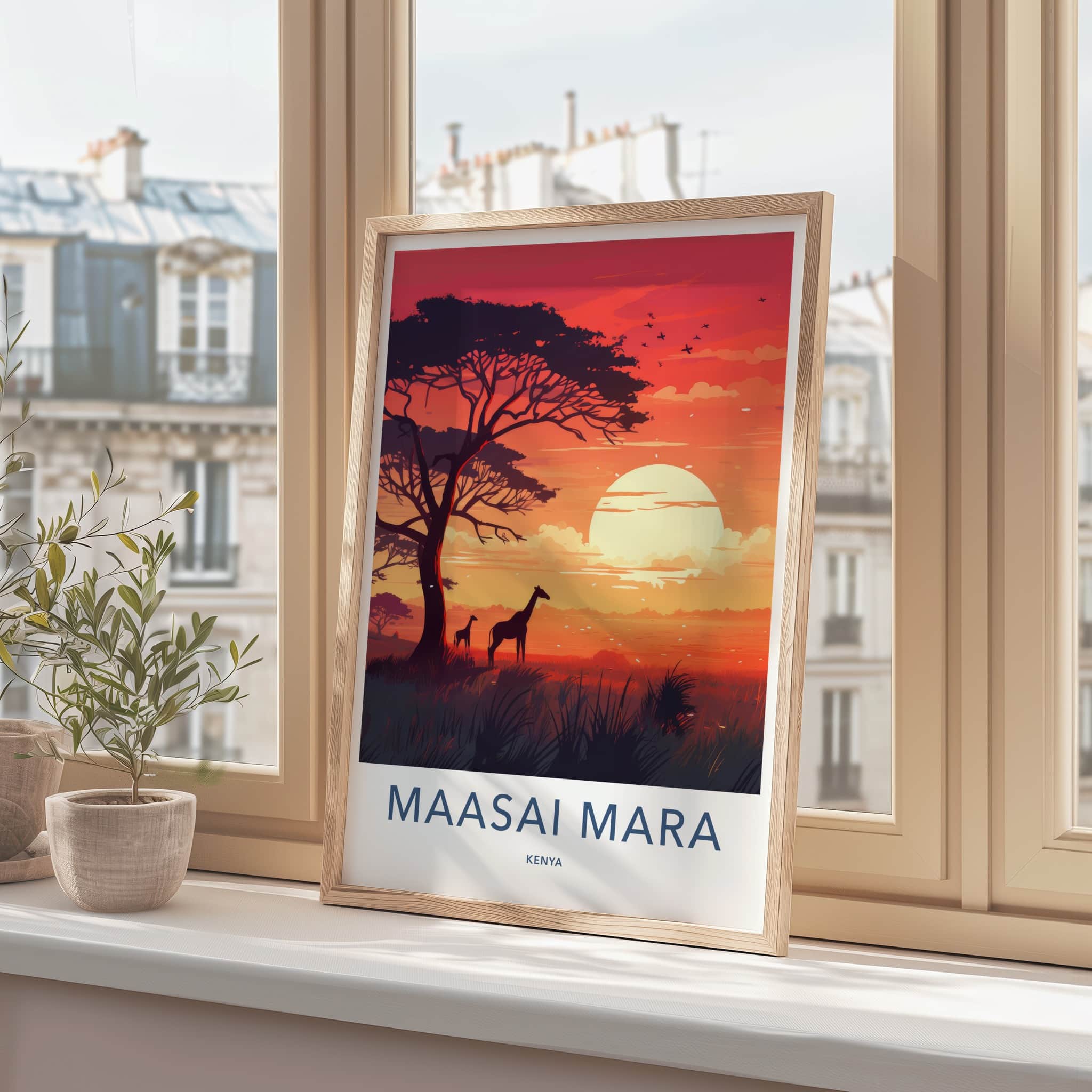 Maasai Mara Poster - Kenya Travel Art - Acacia Giraffes Sunset Home Decor