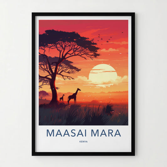 Maasai Mara Poster - Kenya Travel Art - Acacia Giraffes Sunset Home Decor
