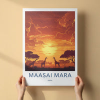 Maasai Mara Poster - Kenya Travel Art - African Giraffe Sunset Home Decor