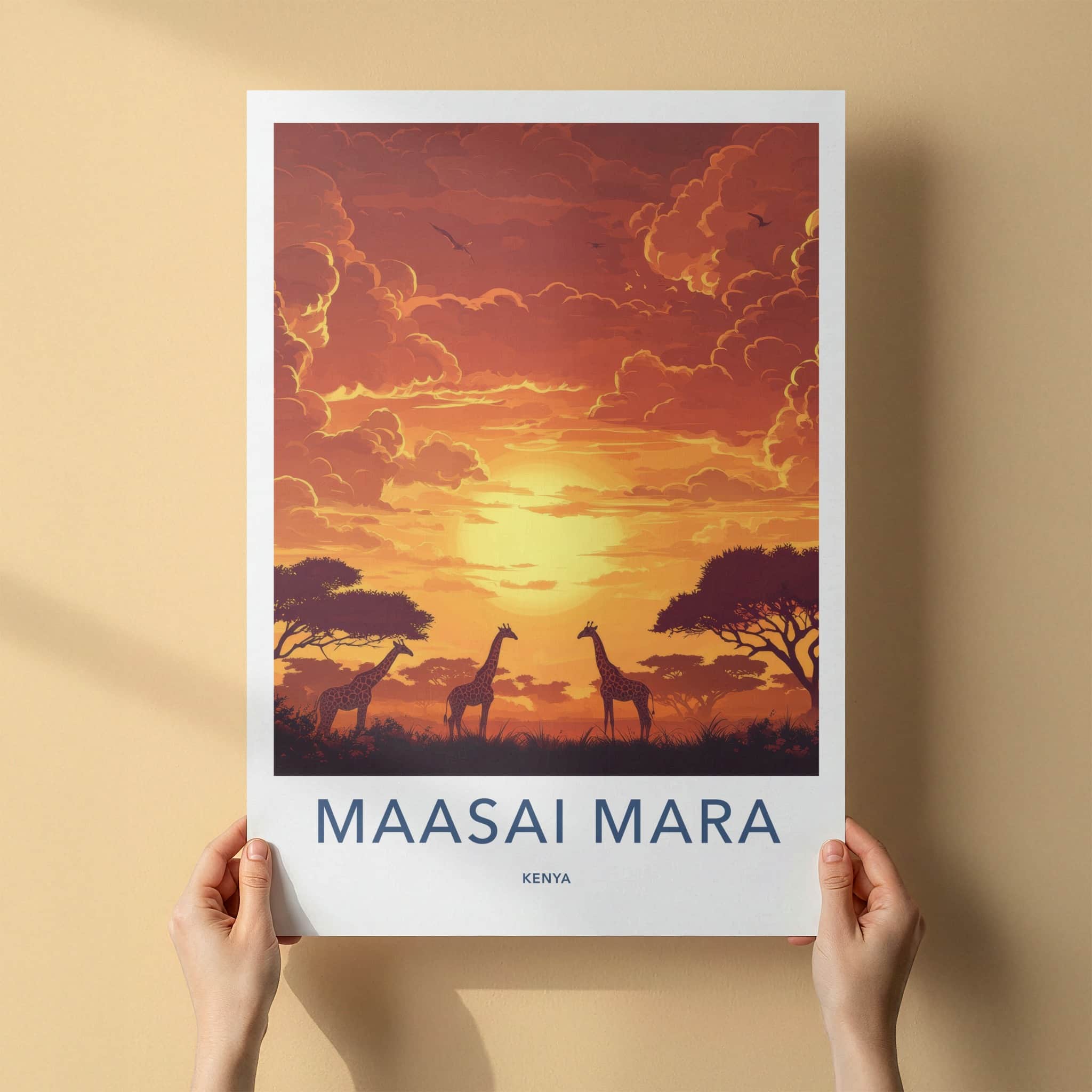 Maasai Mara Poster - Kenya Travel Art - African Giraffe Sunset Home Decor