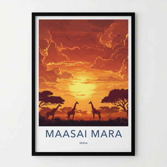 Maasai Mara Poster - Kenya Travel Art - African Giraffe Sunset Home Decor