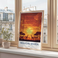 Maasai Mara Poster - Kenya Travel Art - African Giraffe Sunset Home Decor