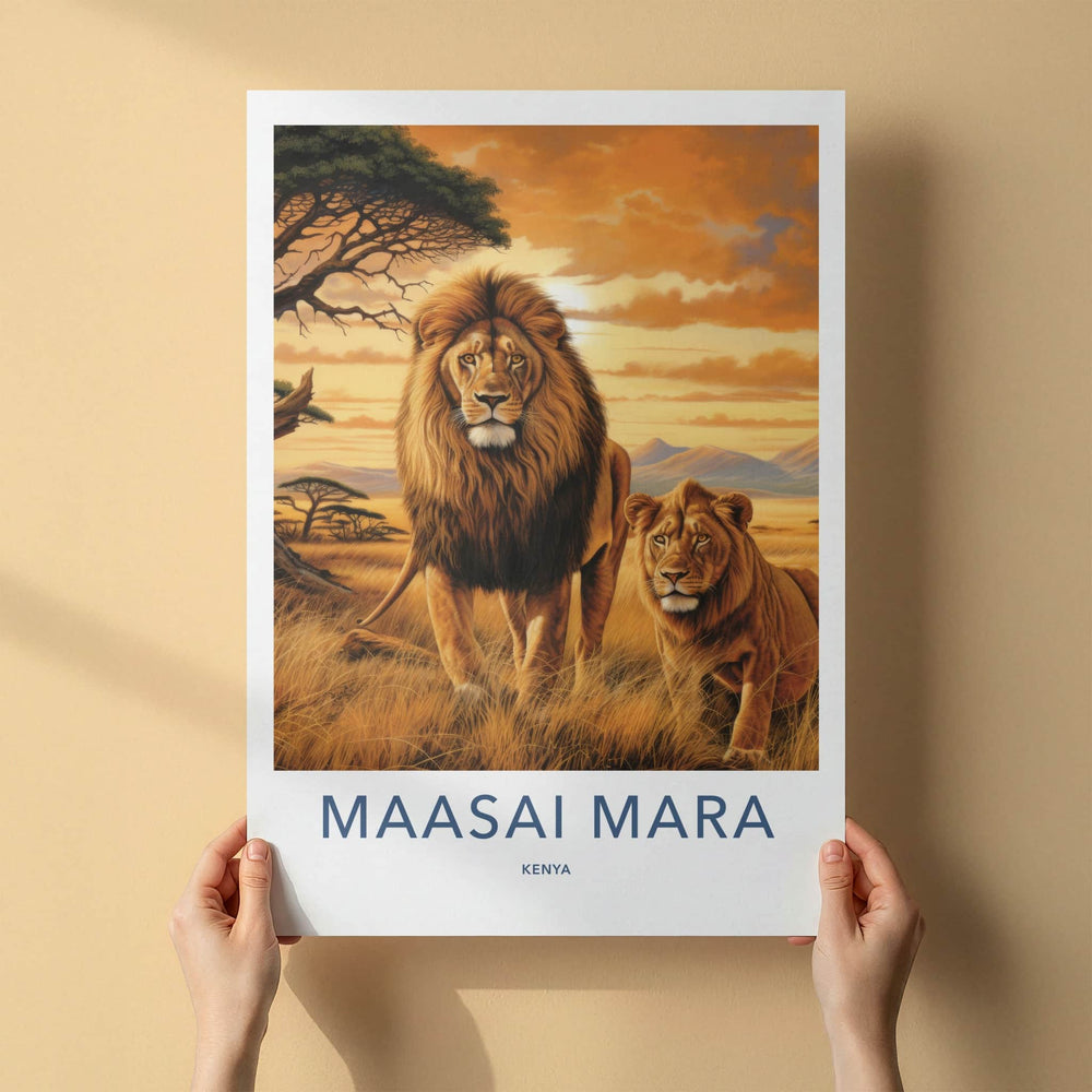 Maasai Mara Poster - Kenya Travel Art - African Lions Sunset Home Decor