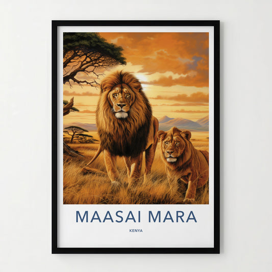 Maasai Mara Poster - Kenya Travel Art - African Lions Sunset Home Decor