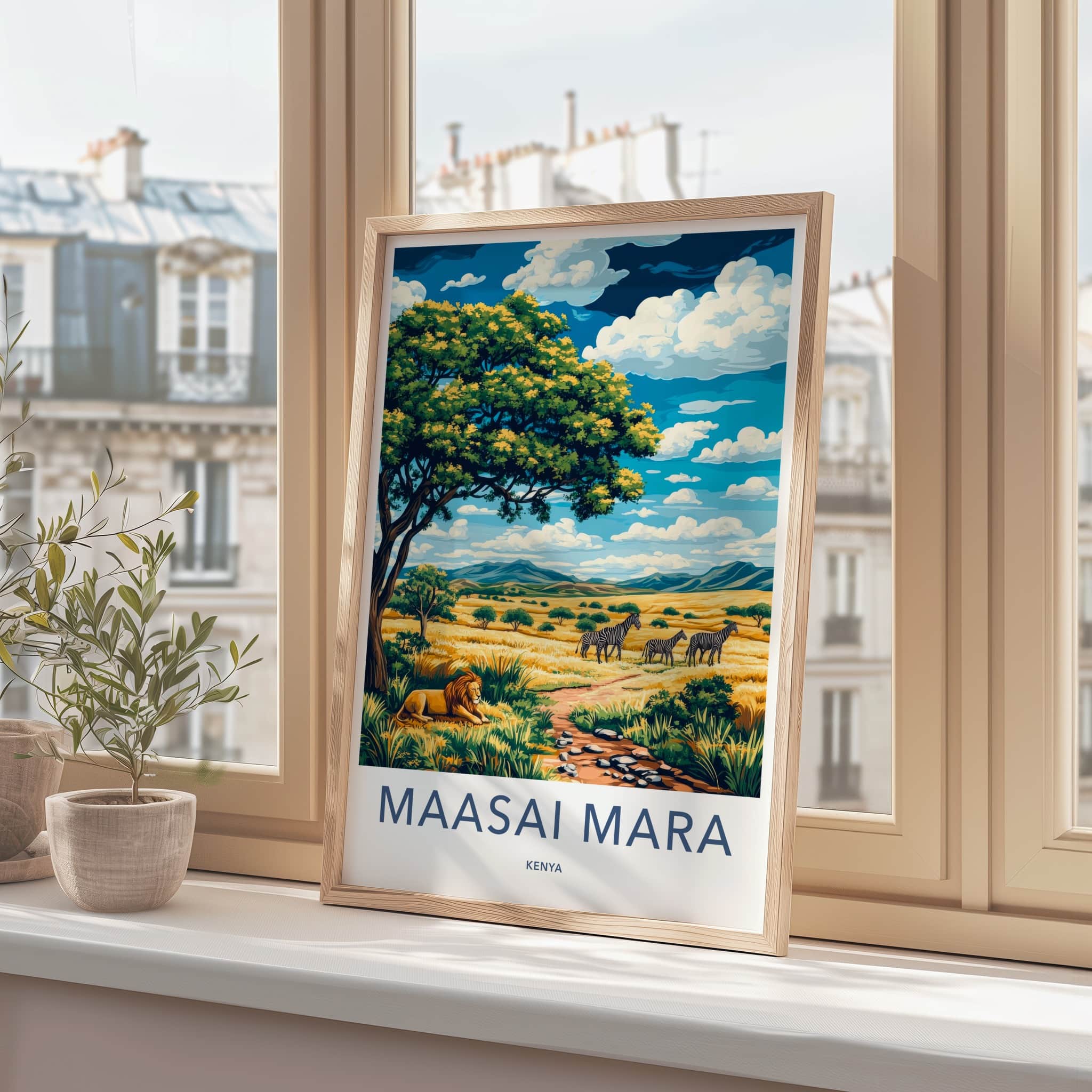 Maasai Mara Poster - Kenya Travel Art - Lion Zebra Savanna Home Decor