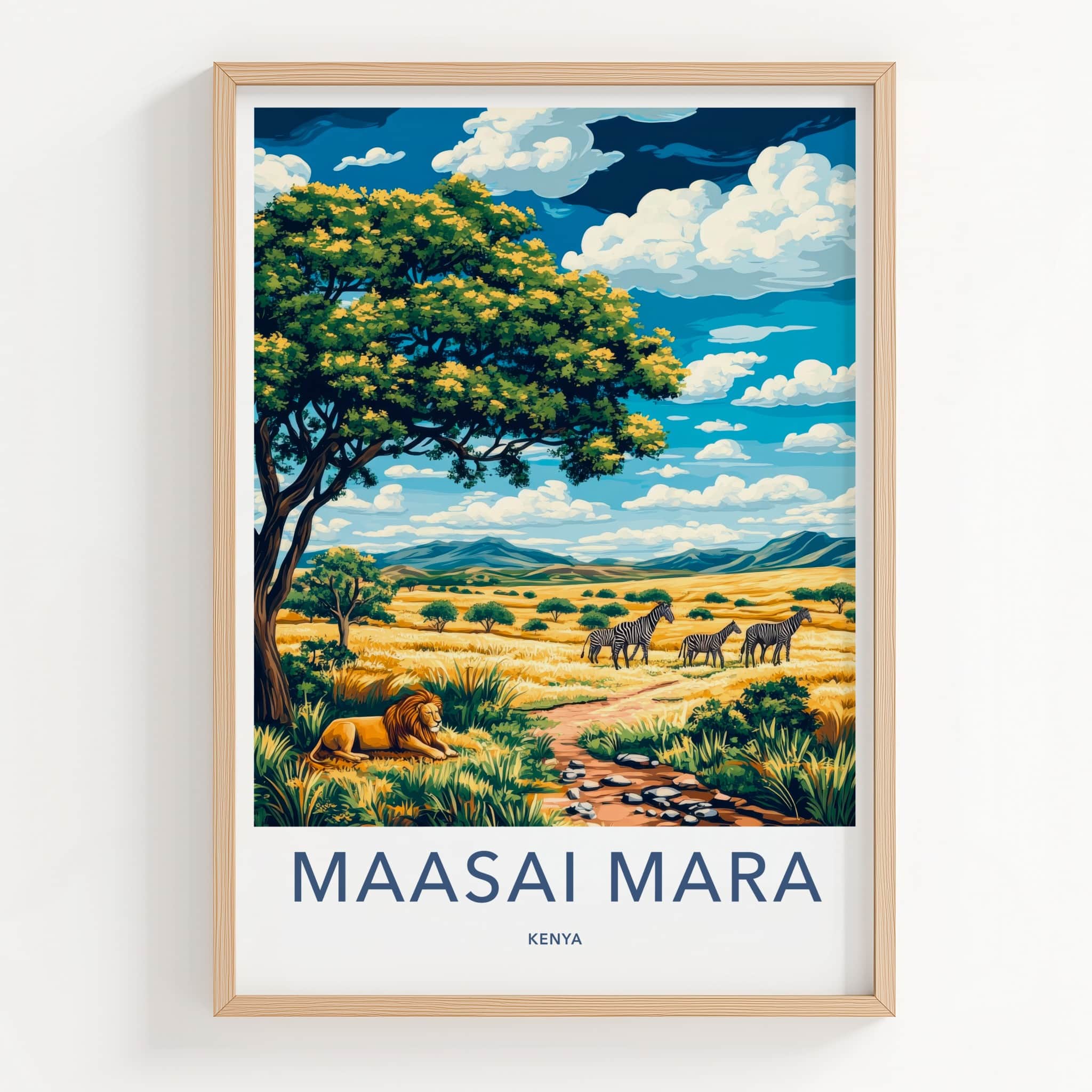 Maasai Mara Poster - Kenya Travel Art - Lion Zebra Savanna Home Decor