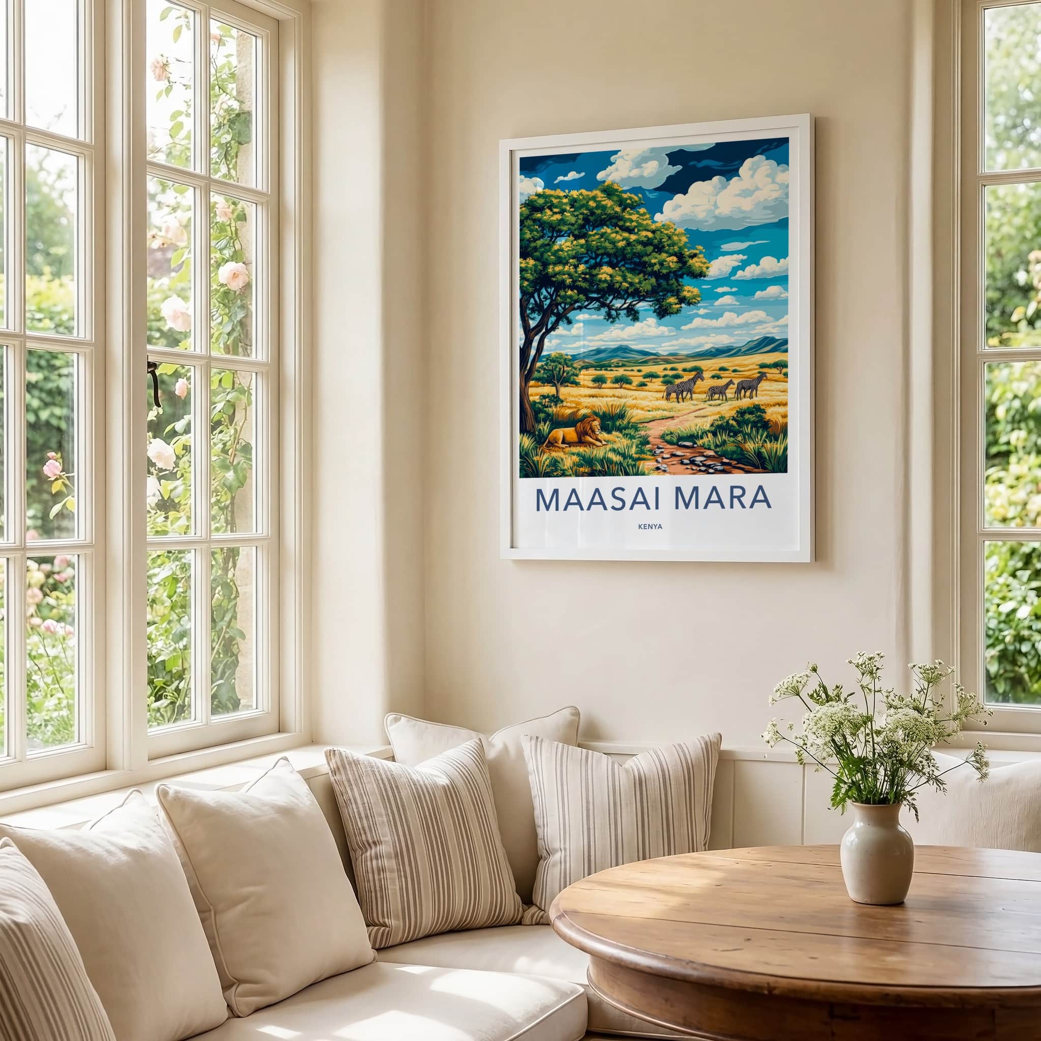Maasai Mara Poster - Kenya Travel Art - Lion Zebra Savanna Home Decor
