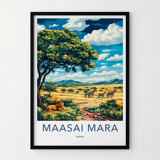 Maasai Mara Poster - Kenya Travel Art - Lion Zebra Savanna Home Decor