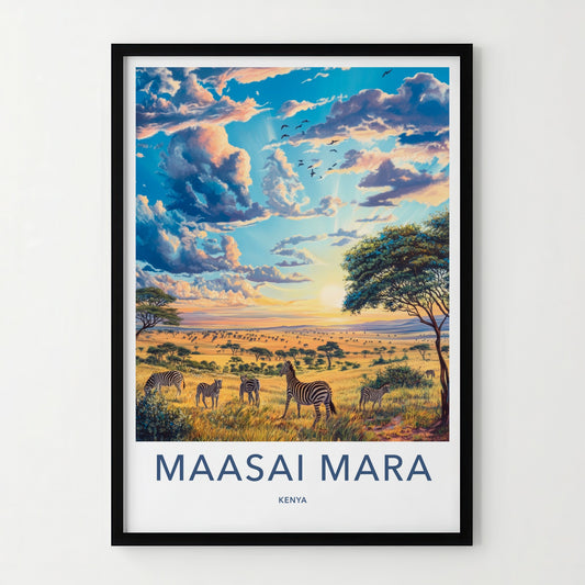 Maasai Mara Poster - Kenya Travel Art - Savanna Zebras Sunset Home Decor