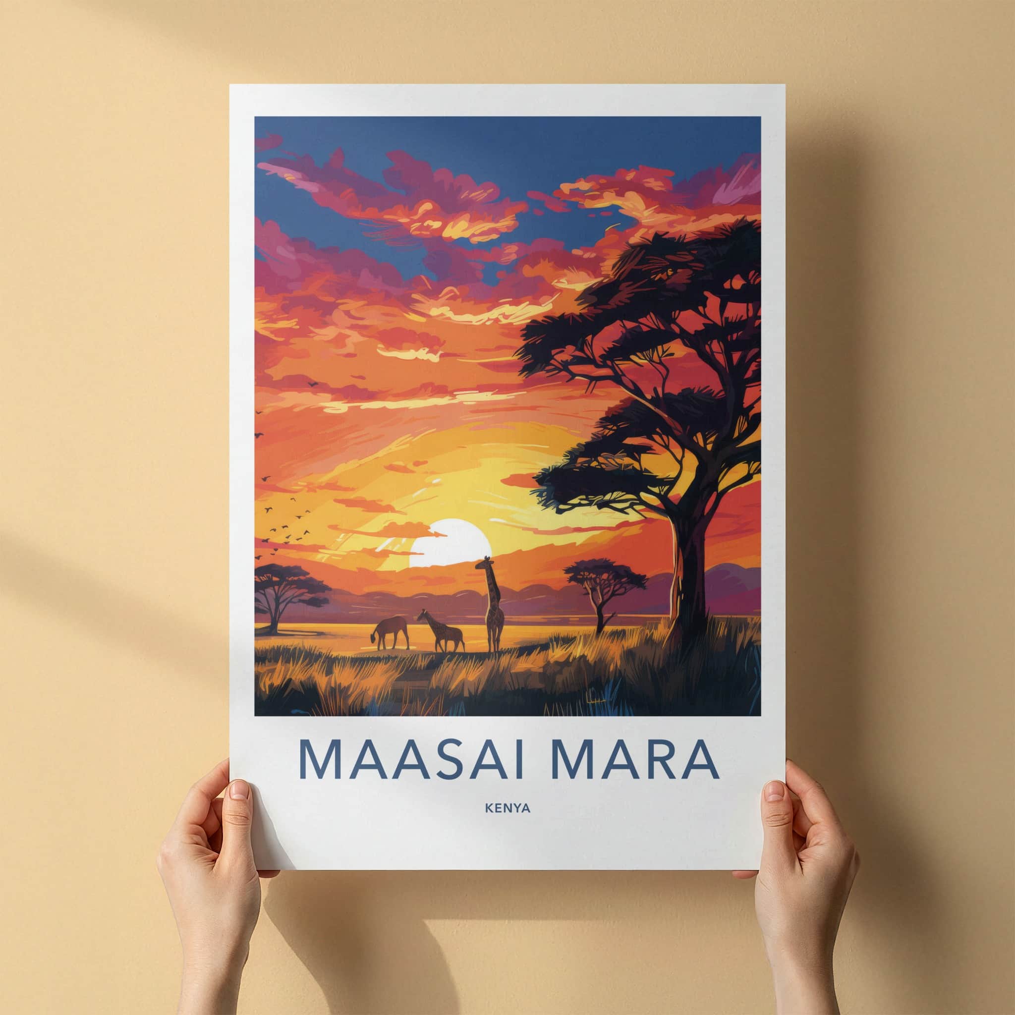 Maasai Mara Poster - Kenya Travel Art - Sunset savanna giraffes Home Decor