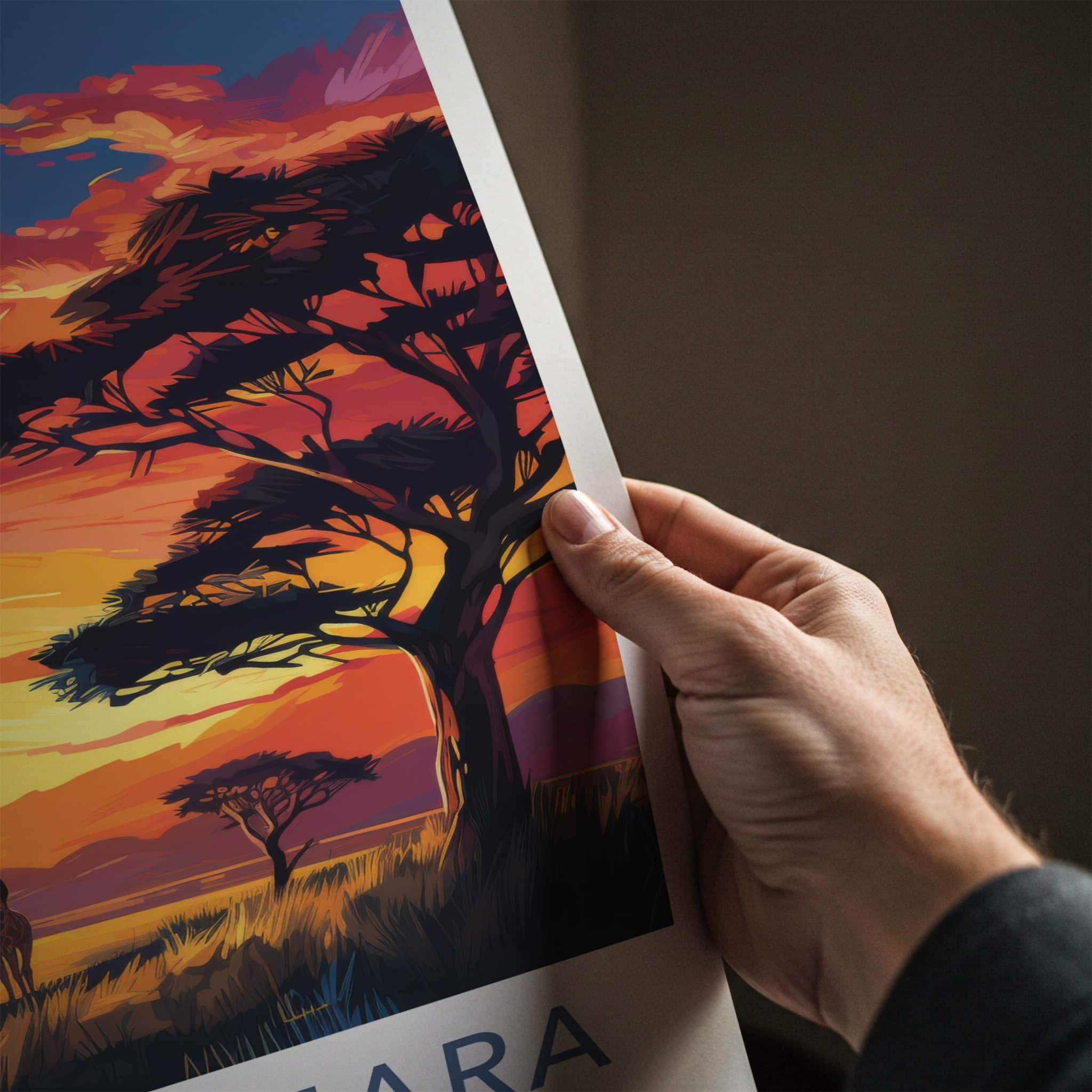 Maasai Mara Poster - Kenya Travel Art - Sunset savanna giraffes Home Decor