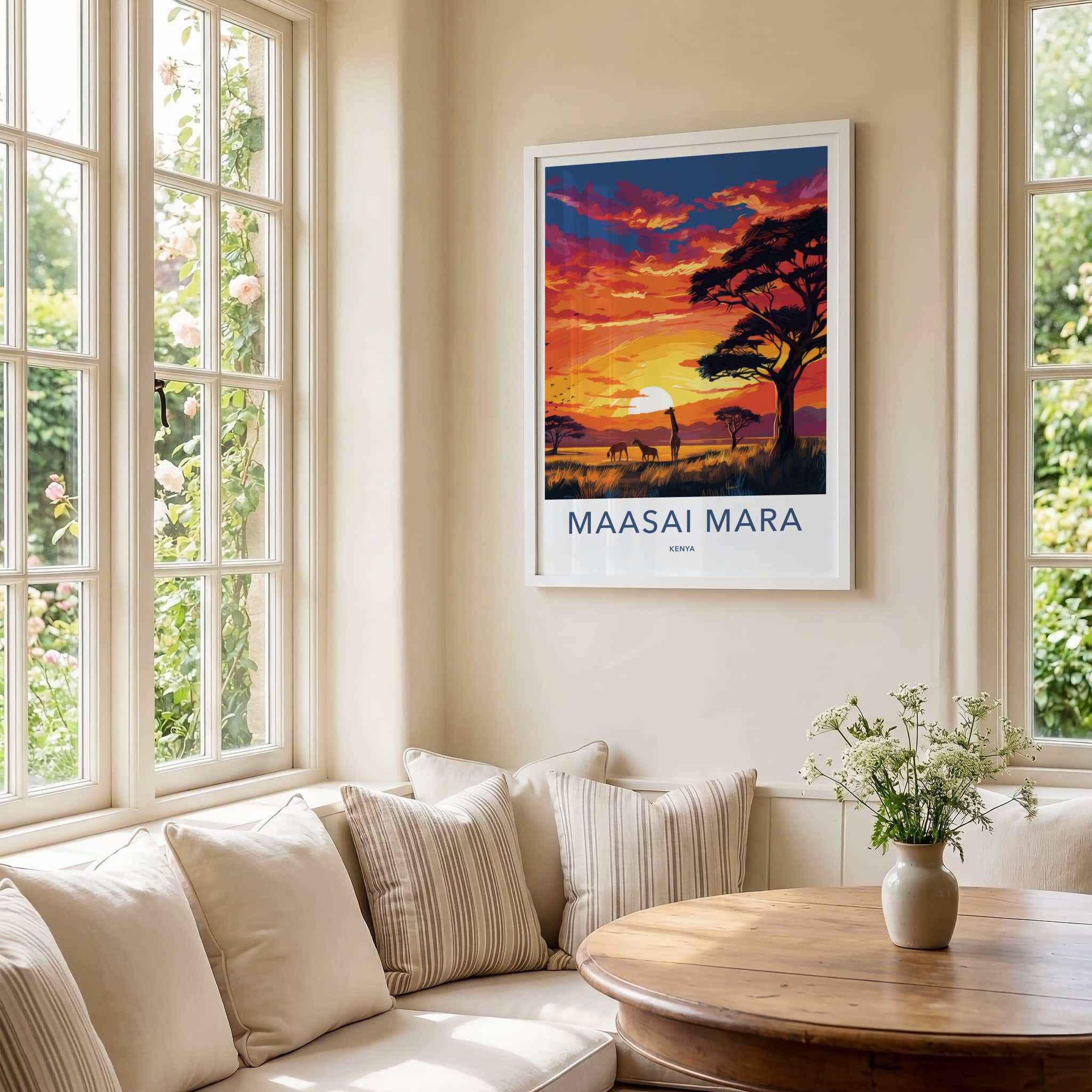 Maasai Mara Poster - Kenya Travel Art - Sunset savanna giraffes Home Decor