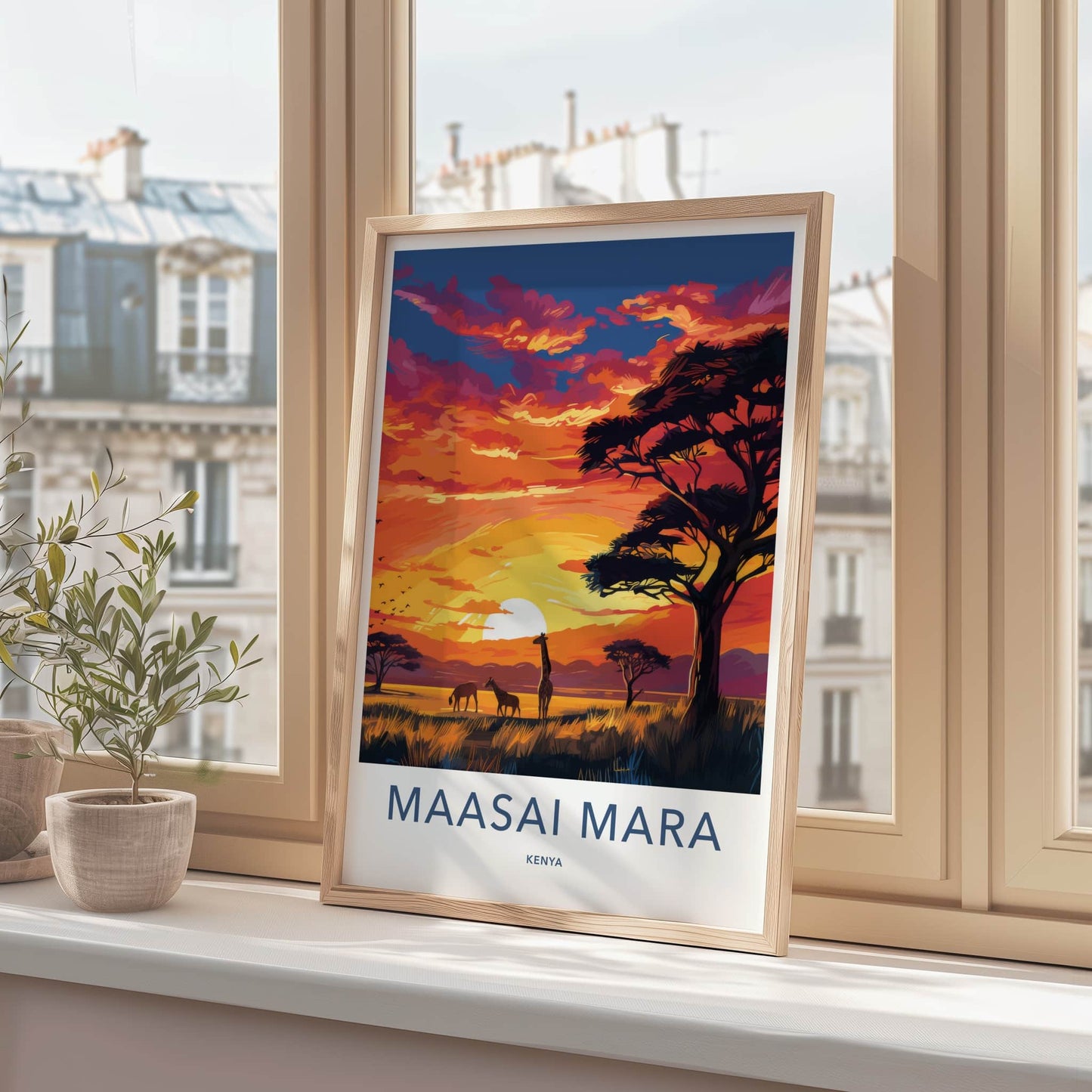 Maasai Mara Poster - Kenya Travel Art - Sunset savanna giraffes Home Decor