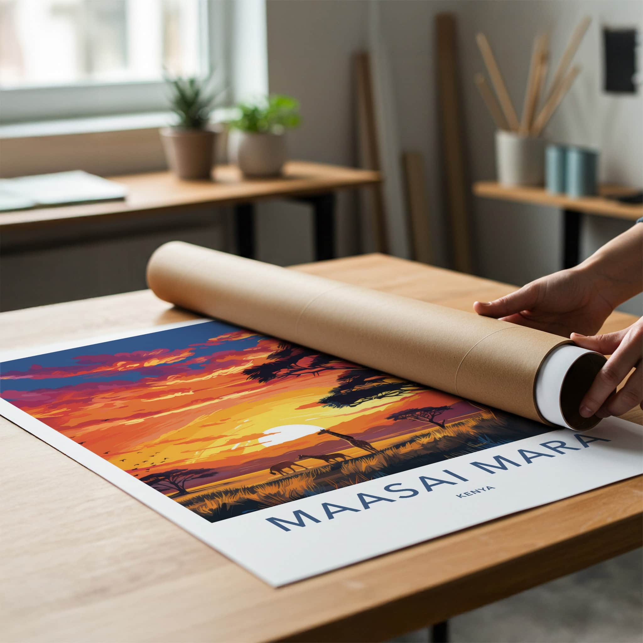 Maasai Mara Poster - Kenya Travel Art - Sunset savanna giraffes Home Decor