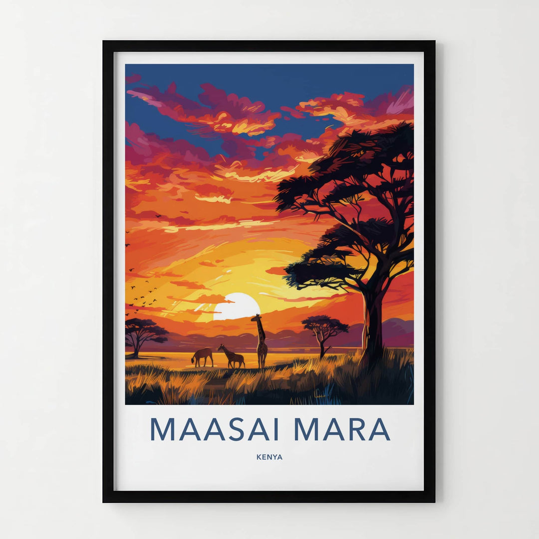 Maasai Mara Poster - Kenya Travel Art - Sunset savanna giraffes Home Decor
