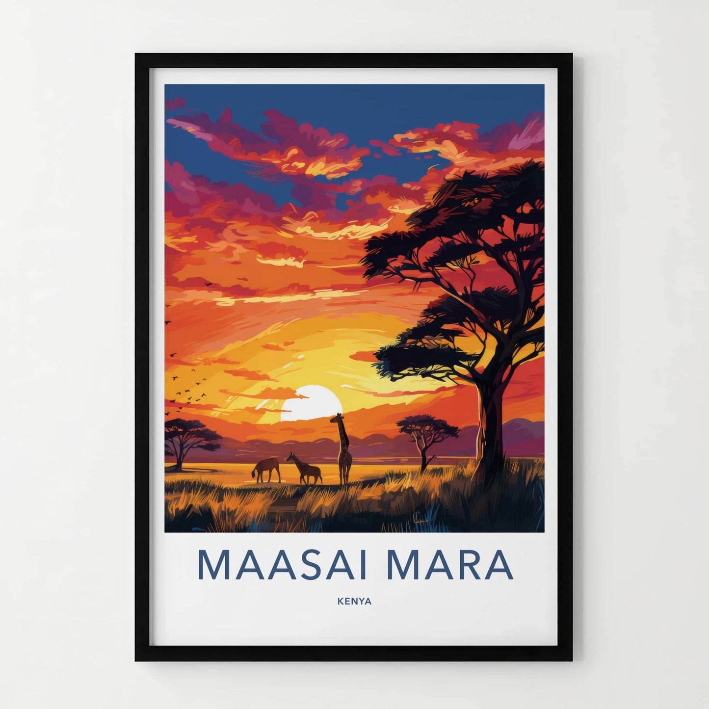 Maasai Mara Poster - Kenya Travel Art - Sunset savanna giraffes Home Decor