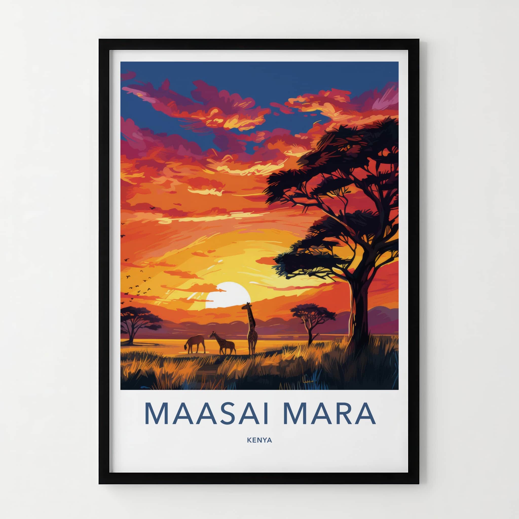 Maasai Mara Poster - Kenya Travel Art - Sunset savanna giraffes Home Decor