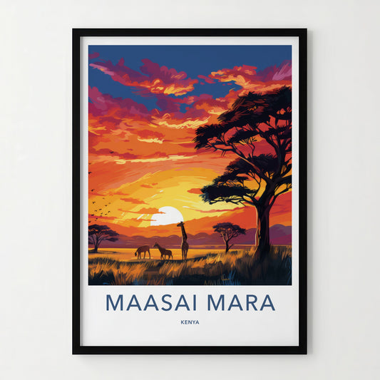 Maasai Mara Poster - Kenya Travel Art - Sunset savanna giraffes Home Decor