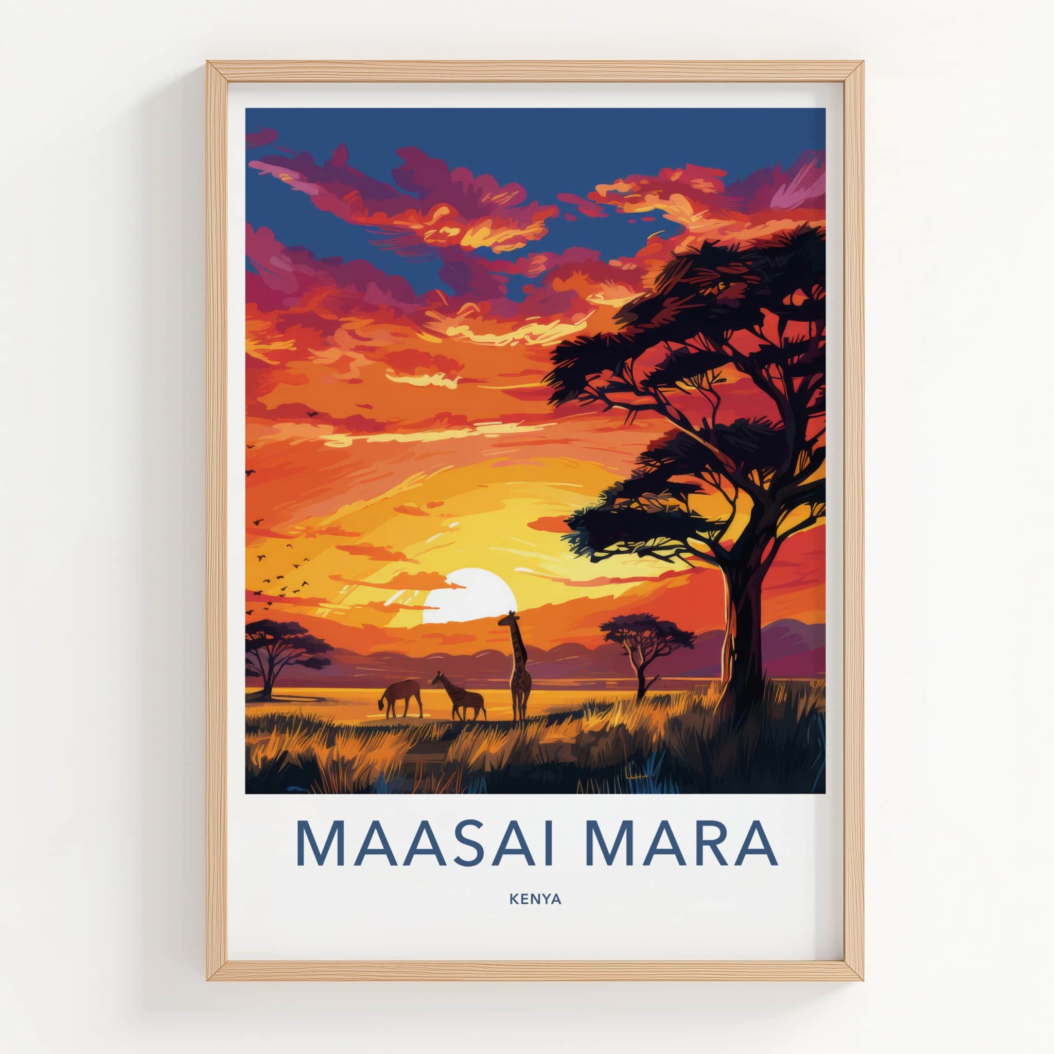 Maasai Mara Poster - Kenya Travel Art - Sunset savanna giraffes Home Decor
