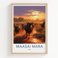 Maasai Mara Poster - Kenya Travel Art - Wildebeest Sunset Migration Home Decor