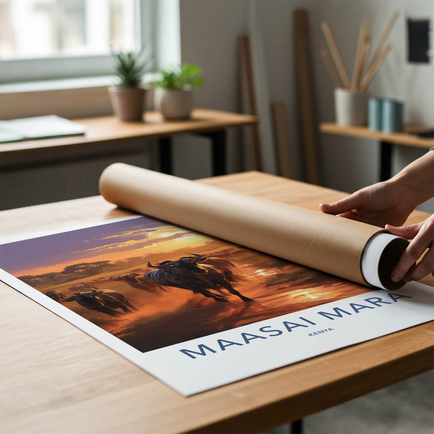Maasai Mara Poster - Kenya Travel Art - Wildebeest Sunset Migration Home Decor