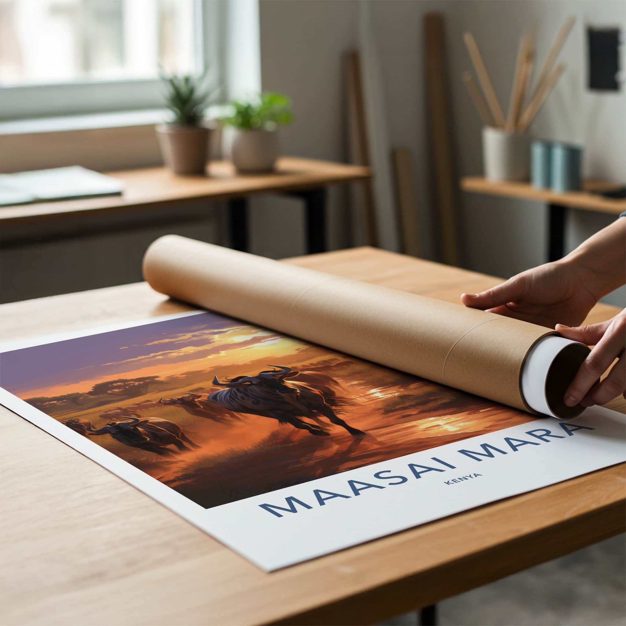 Maasai Mara Poster - Kenya Travel Art - Wildebeest Sunset Migration Home Decor