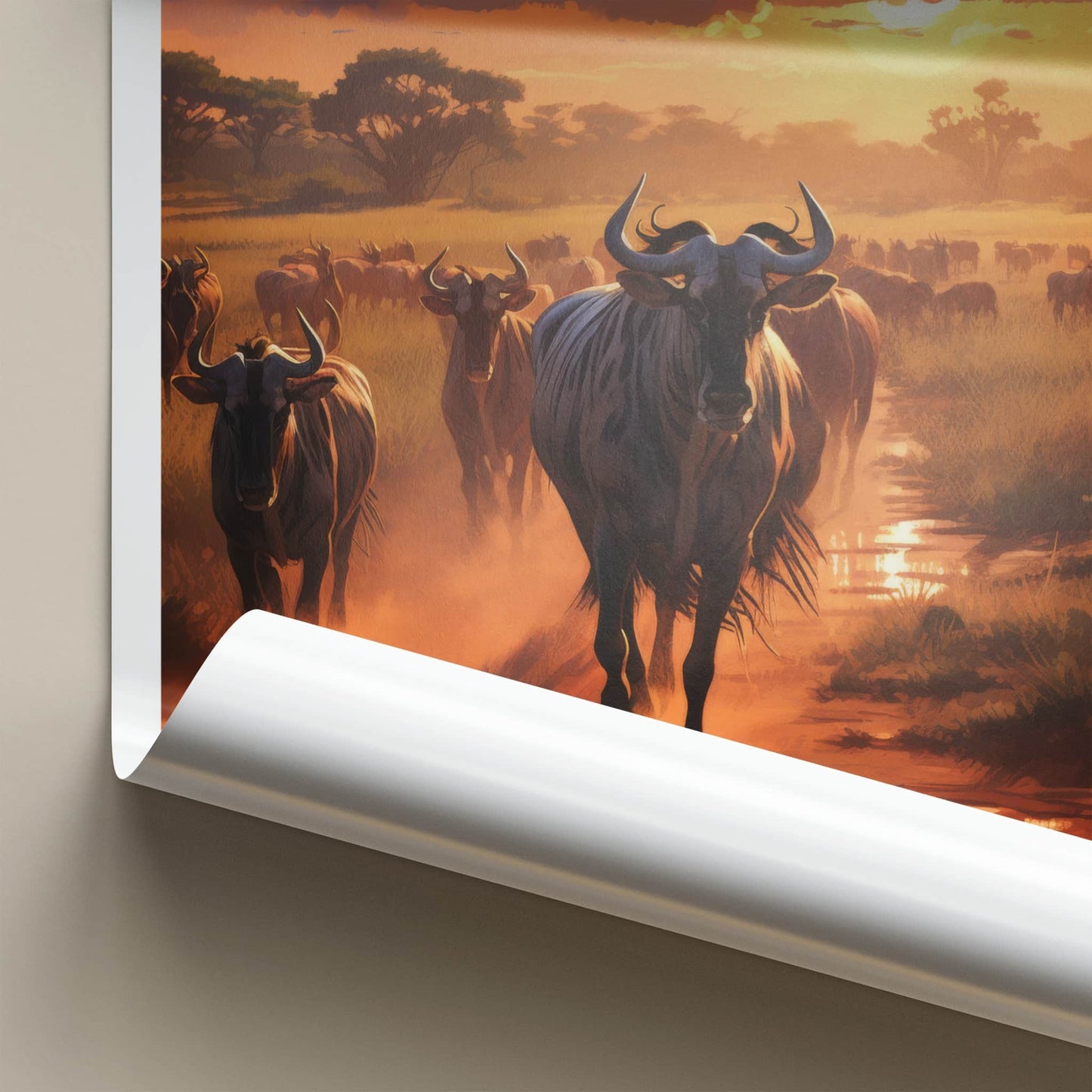 Maasai Mara Poster - Kenya Travel Art - Wildebeest Sunset Migration Home Decor