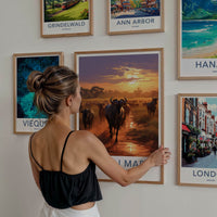 Maasai Mara Poster - Kenya Travel Art - Wildebeest Sunset Migration Home Decor
