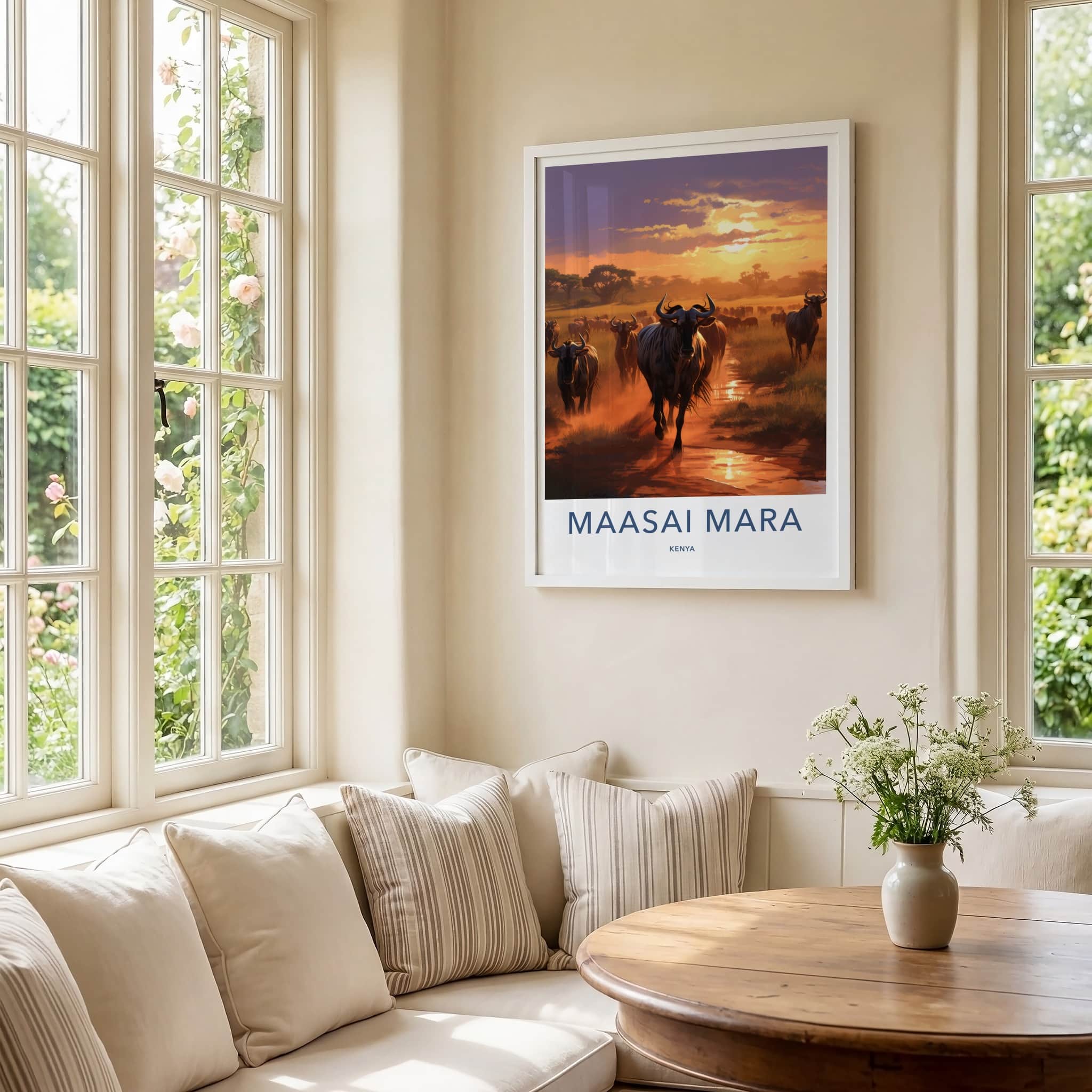 Maasai Mara Poster - Kenya Travel Art - Wildebeest Sunset Migration Home Decor