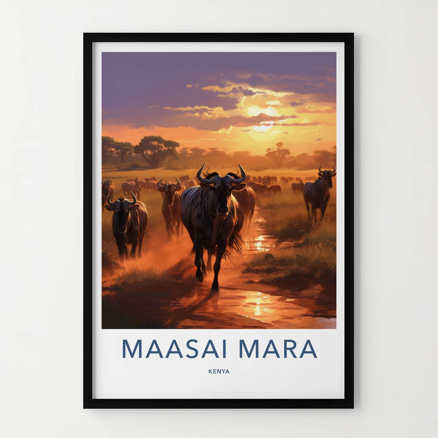 Maasai Mara Poster - Kenya Travel Art - Wildebeest Sunset Migration Home Decor