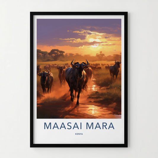 Maasai Mara Poster - Kenya Travel Art - Wildebeest Sunset Migration Home Decor