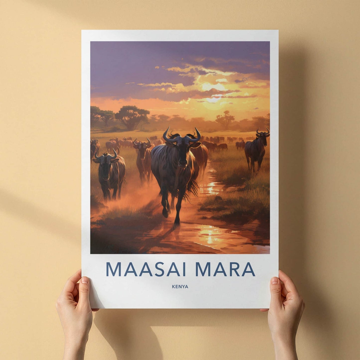 Maasai Mara Poster - Kenya Travel Art - Wildebeest Sunset Migration Home Decor