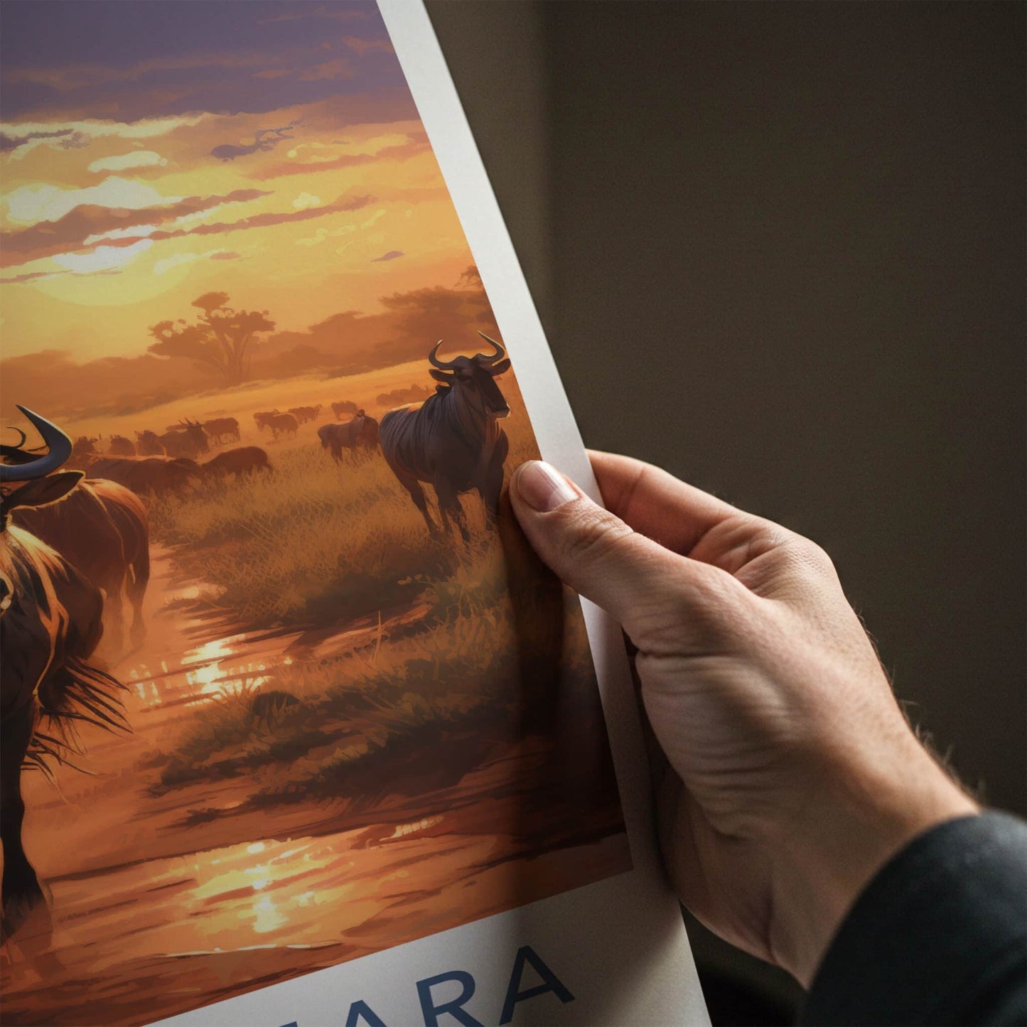 Maasai Mara Poster - Kenya Travel Art - Wildebeest Sunset Migration Home Decor