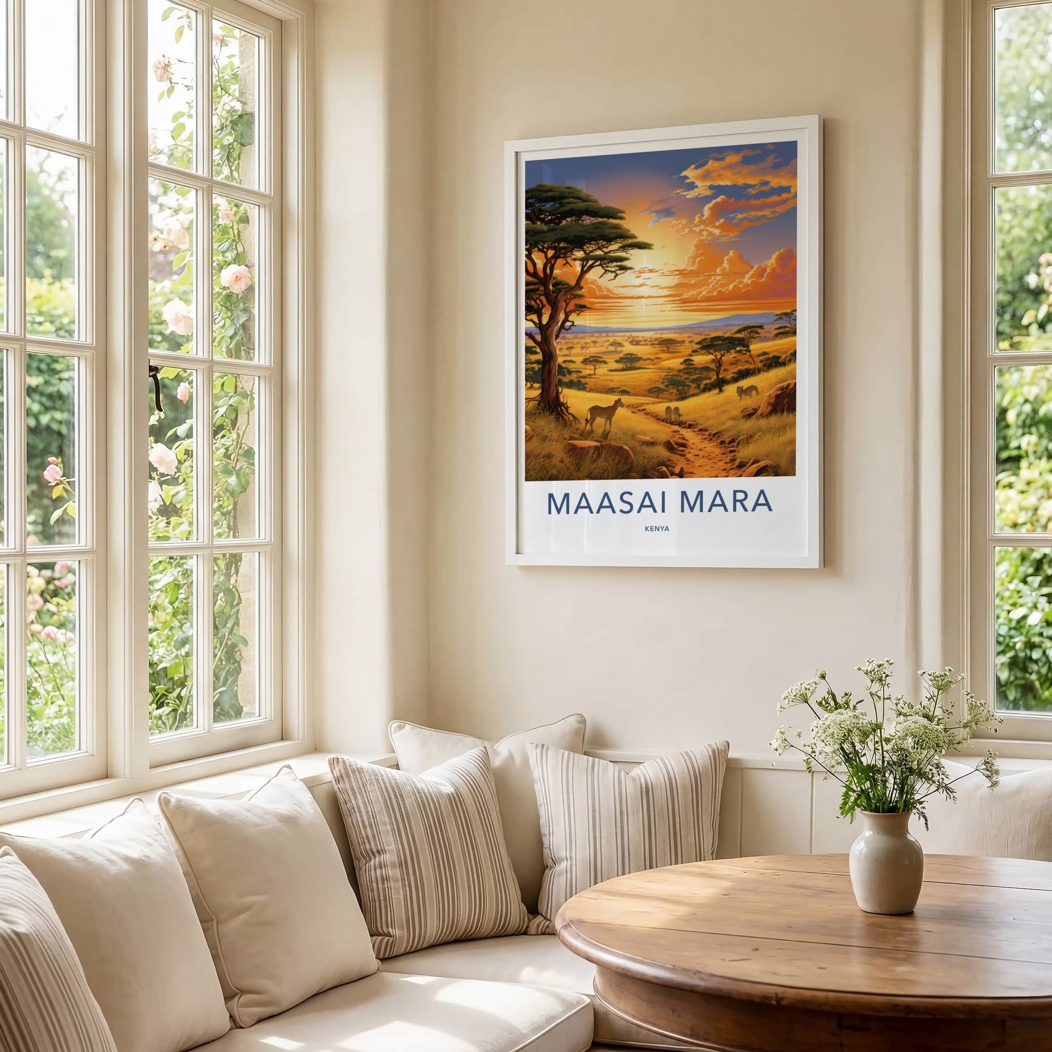Maasai Mara Poster - Kenya Travel Print - Savanna Sunset Zebras Gift