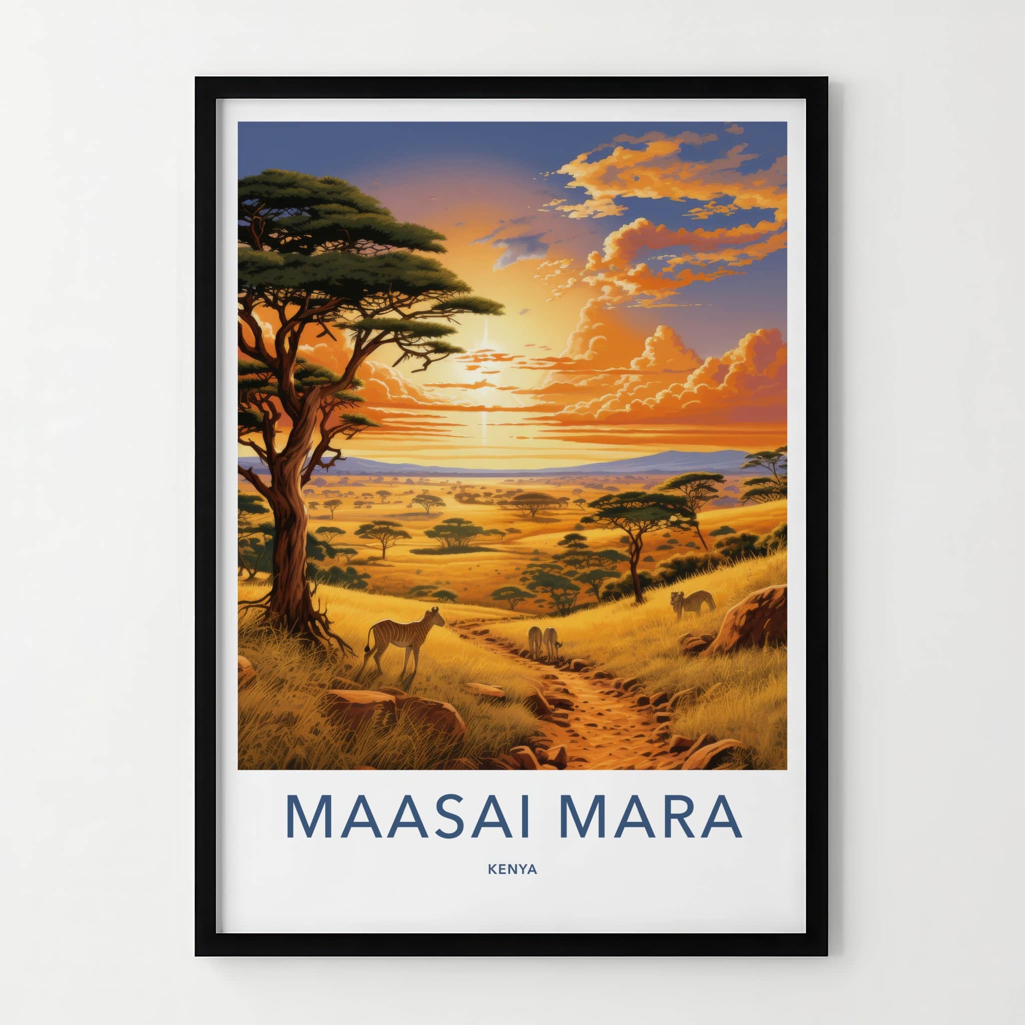 Maasai Mara Poster - Kenya Travel Print - Savanna Sunset Zebras Gift