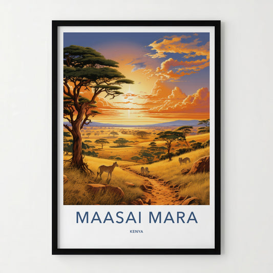 Maasai Mara Poster - Kenya Travel Print - Savanna Sunset Zebras Gift