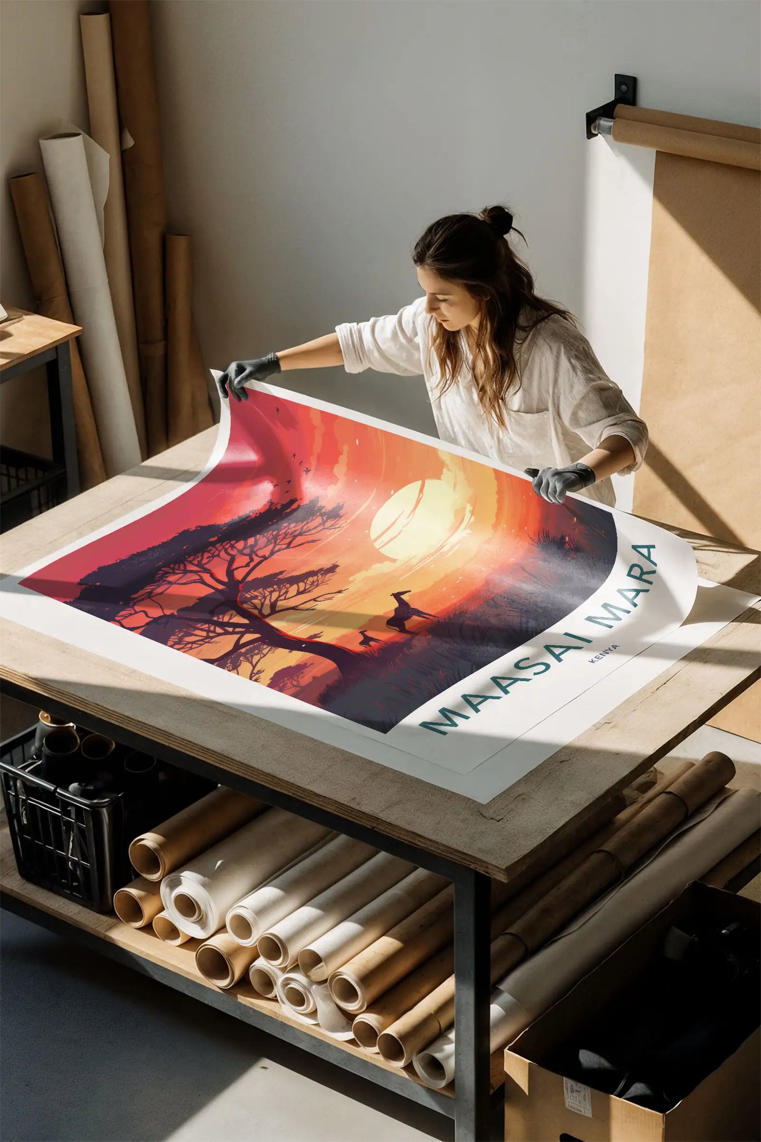 A person in a bright studio carefully handling a freshly printed Maasai Mara vintage travel poster showcasing premium giclee print quality.