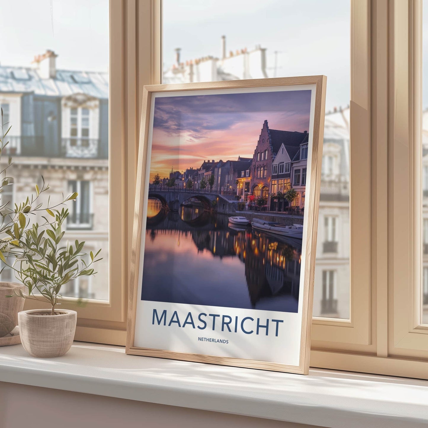 Maastricht Poster - Netherlands Travel Art - Evening Canal Lights Home Decor