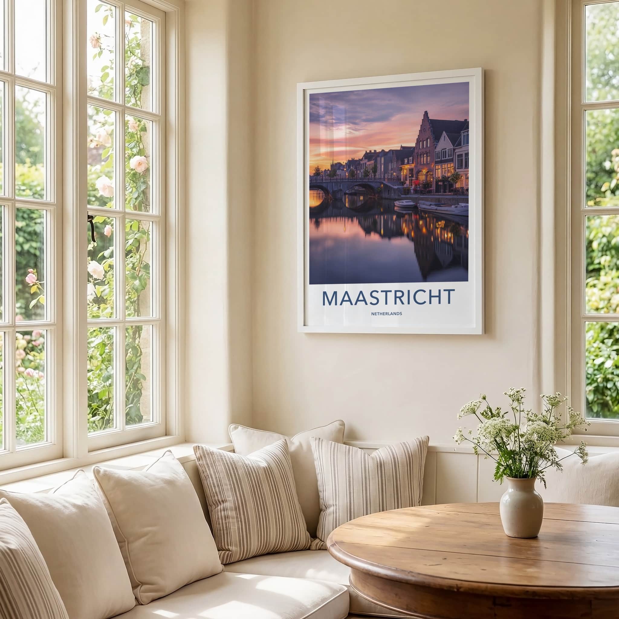 Maastricht Poster - Netherlands Travel Art - Evening Canal Lights Home Decor