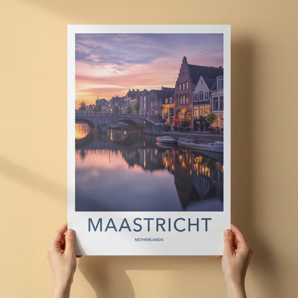 Maastricht Poster - Netherlands Travel Art - Evening Canal Lights Home Decor