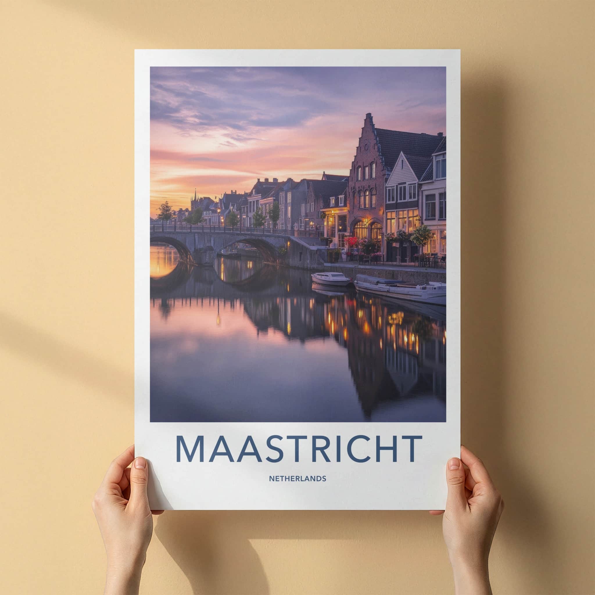 Maastricht Poster - Netherlands Travel Art - Evening Canal Lights Home Decor