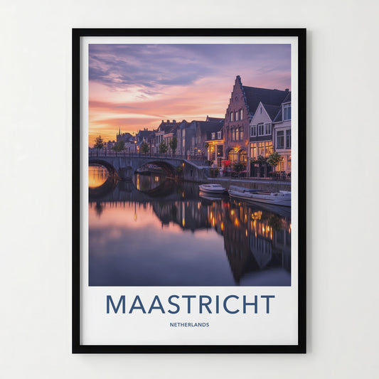 Maastricht Poster - Netherlands Travel Art - Evening Canal Lights Home Decor