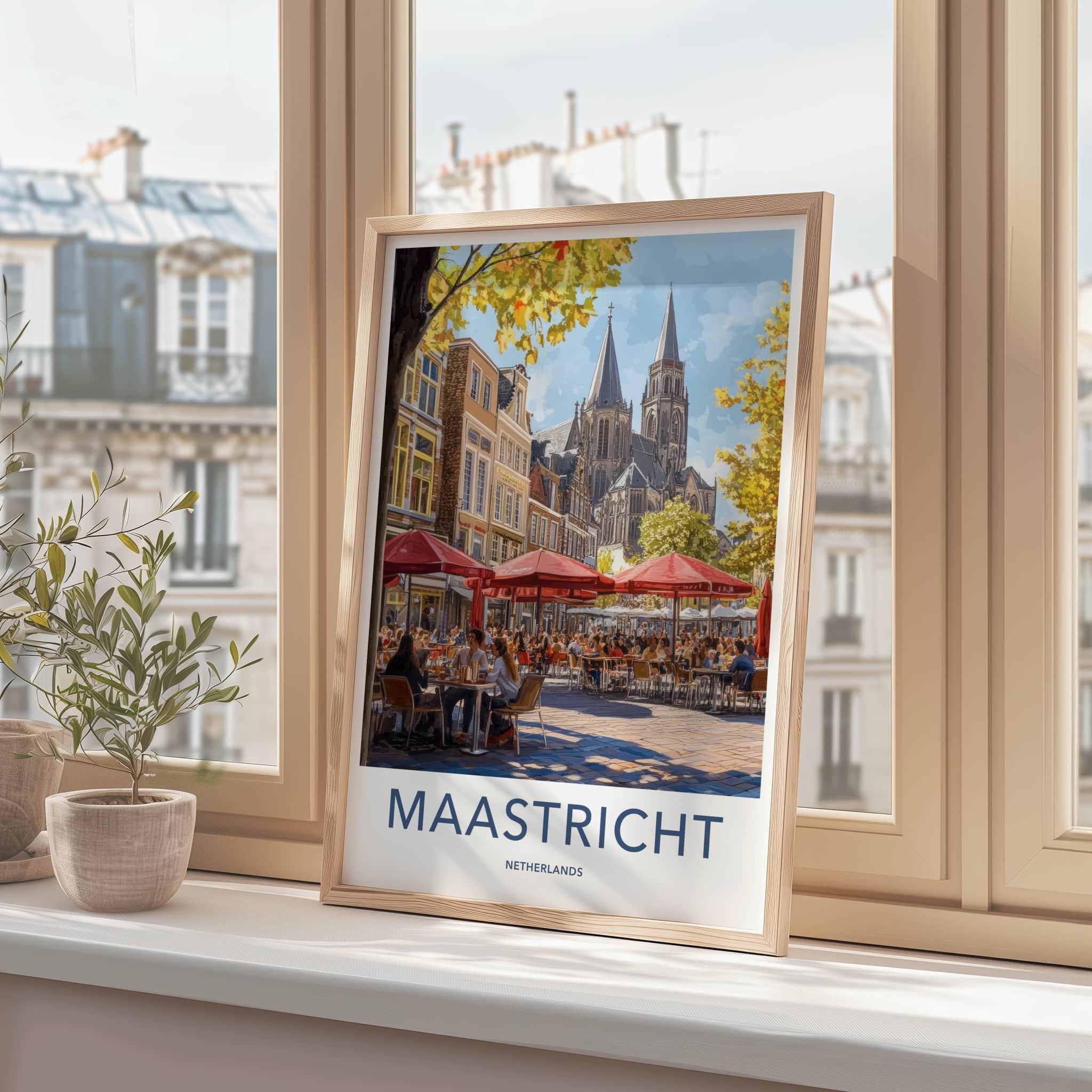 Maastricht Poster - Netherlands Travel Art - Lively Cafe Scene Home Decor