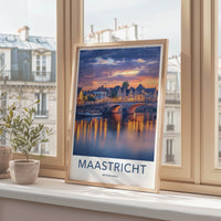 Maastricht Poster - Netherlands Travel Art - Sunset Bridge Reflections Home Decor