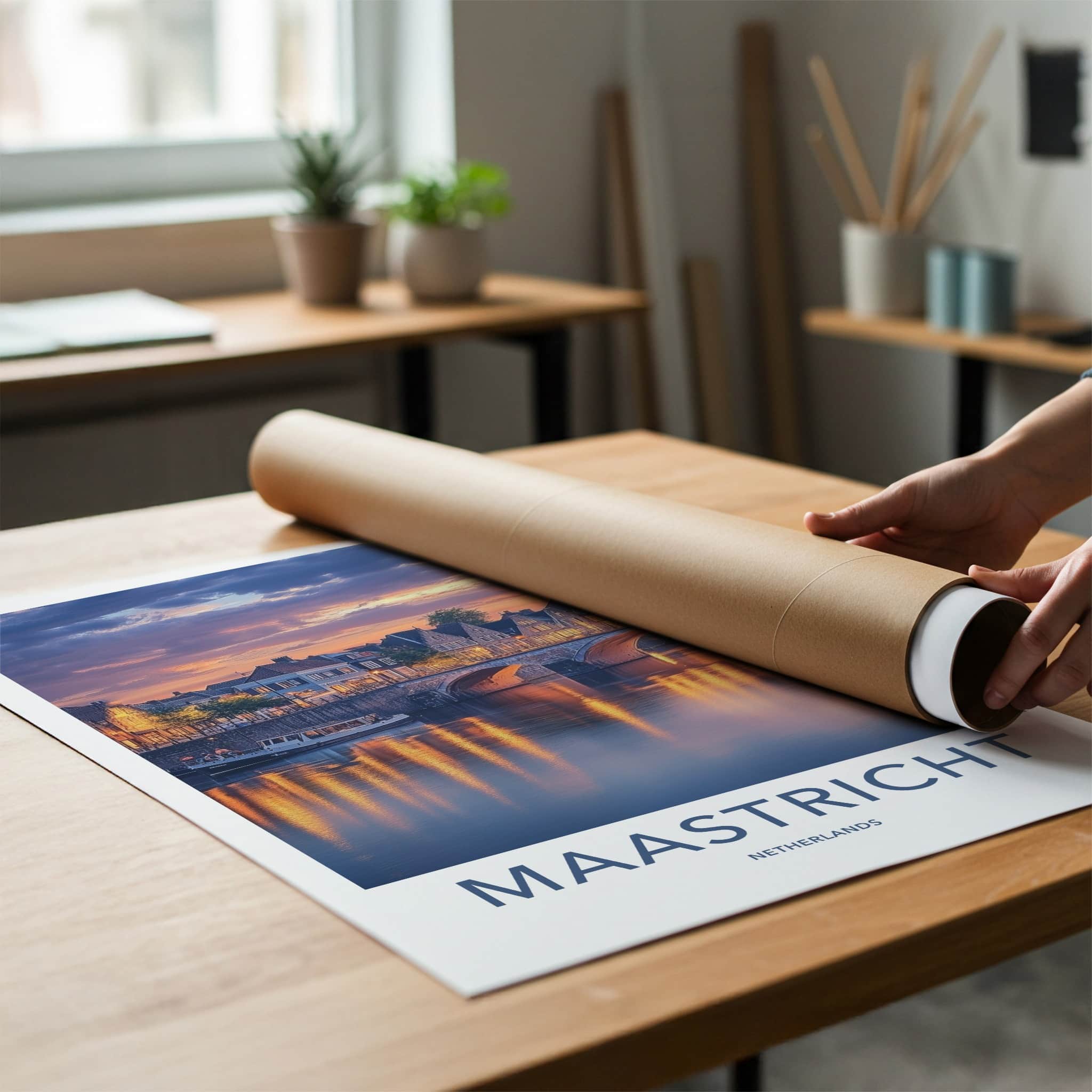 Maastricht Poster - Netherlands Travel Art - Sunset Bridge Reflections Home Decor